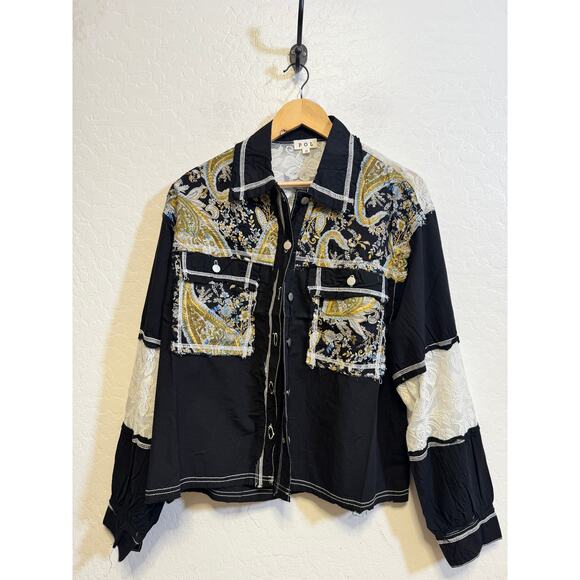 POL Size Medium Button Down Black Paisley Jacket Lace Detal Long Baloon Sleeve - Picture 4 of 5